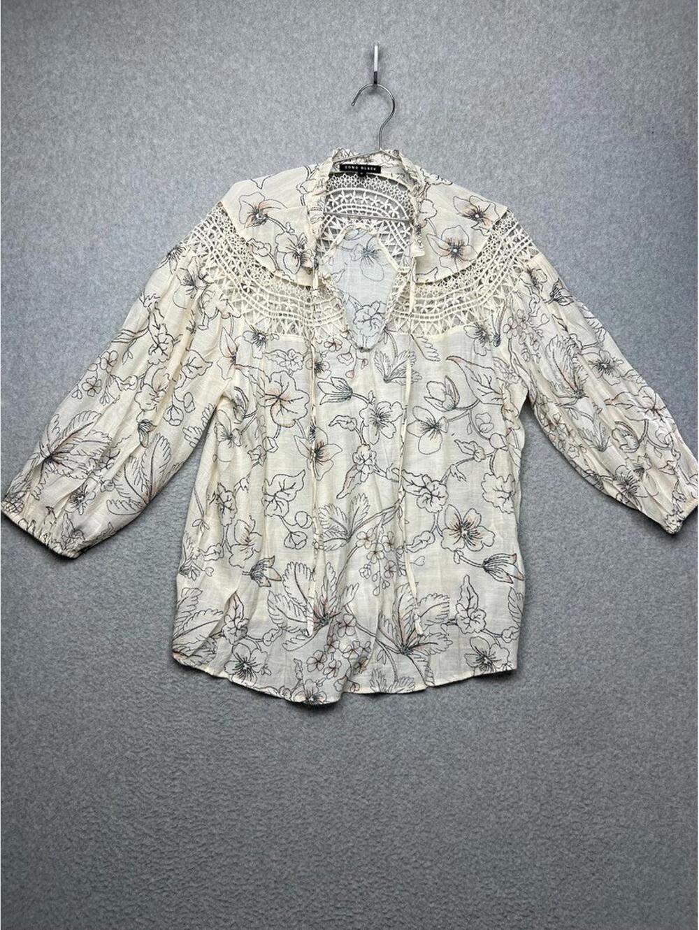 Como Black Lace Floral Tunic Pullover Blouse XL Boho Neutral Lagenlook Prairie